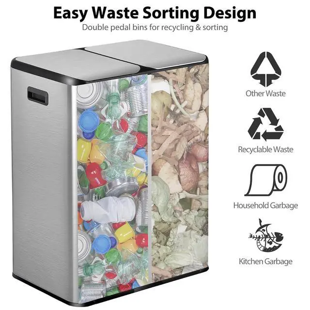 Alt view image 5 of 7 - Kitchen Trash Can, 60L 16 Gallon Dual Stainless Steel Recycling Garbage Can with Foot Pedal, Soft Close Odor-Proof Lid, Removable Inner Buckets for Kitchen, Living Room, Office, Silver