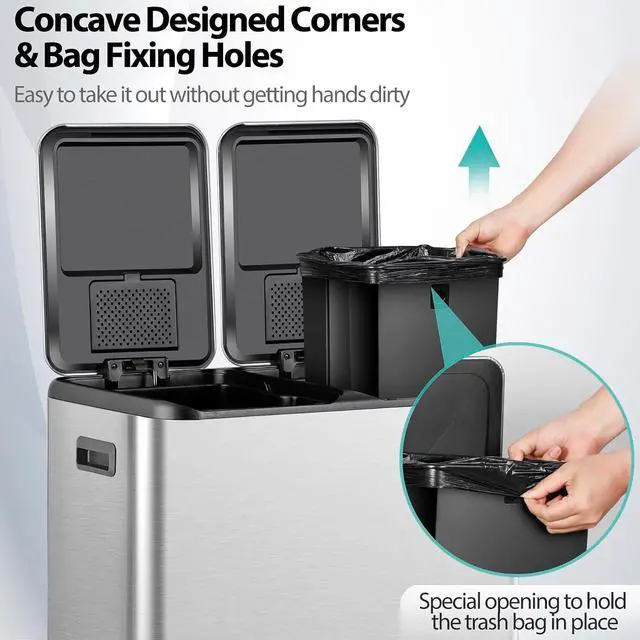 Alt view image 6 of 7 - Kitchen Trash Can, 60L 16 Gallon Dual Stainless Steel Recycling Garbage Can with Foot Pedal, Soft Close Odor-Proof Lid, Removable Inner Buckets for Kitchen, Living Room, Office, Silver