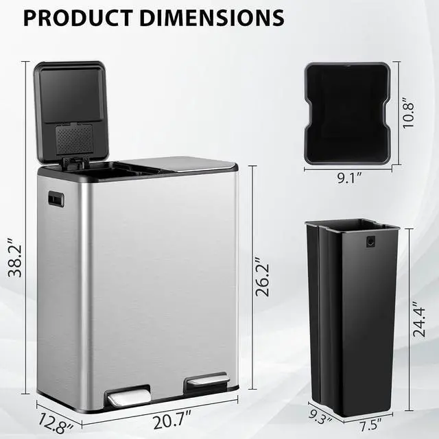 Alt view image 7 of 7 - Kitchen Trash Can, 60L 16 Gallon Dual Stainless Steel Recycling Garbage Can with Foot Pedal, Soft Close Odor-Proof Lid, Removable Inner Buckets for Kitchen, Living Room, Office, Silver