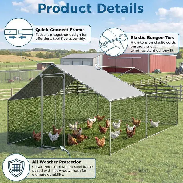 Alt view image 2 of 7 - Large Metal Chicken Coop, Wire Mesh Chicken Run House, Poultry Cage with Waterproof Cover for Hen Duck Rabbits Habitat, Walk-in Chicken Chicks Pen
