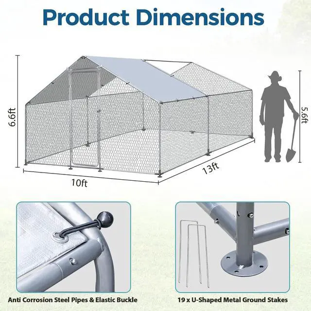 Alt view image 6 of 7 - Large Metal Chicken Coop, Wire Mesh Chicken Run House, Poultry Cage with Waterproof Cover for Hen Duck Rabbits Habitat, Walk-in Chicken Chicks Pen