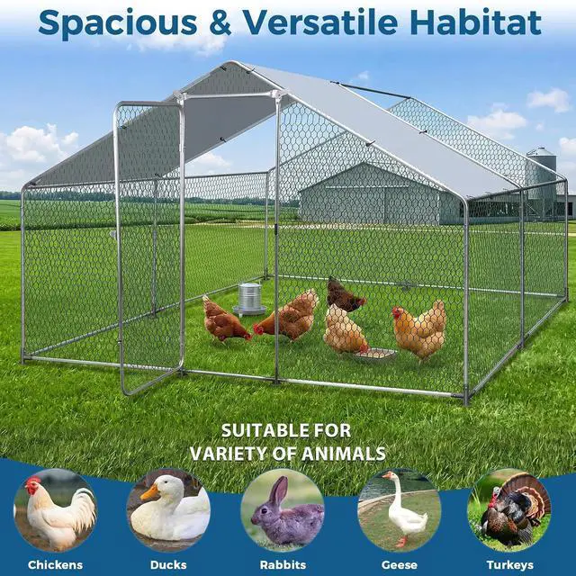 Alt view image 5 of 7 - Large Metal Chicken Coop, Wire Mesh Chicken Run House, Poultry Cage with Waterproof Cover for Hen Duck Rabbits Habitat, Walk-in Chicken Chicks Pen