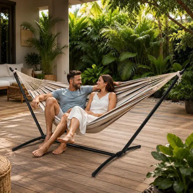 Alt view image 2 of 7 - Double Hammock with Stand 9FT Brazilian-Style for 2 Person Easy Assembly, Heavy Duty Steel Anti-Slip Feet