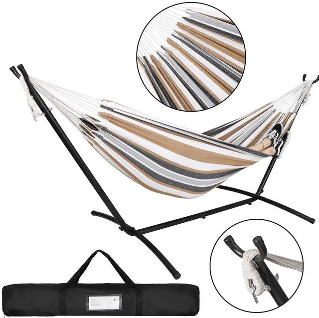 Alt view image 3 of 7 - Double Hammock with Stand 9FT Brazilian-Style for 2 Person Easy Assembly, Heavy Duty Steel Anti-Slip Feet