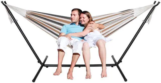 Alt view image 7 of 7 - Double Hammock with Stand 9FT Brazilian-Style for 2 Person Easy Assembly, Heavy Duty Steel Anti-Slip Feet