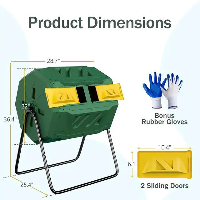Alt view image 7 of 7 - 43 Gallon Outdoor Dual Chamber Tumbling Composter - BPA Free, Rotating Compost Bin with Sliding Doors & Steel Frame for Garden/Yard
