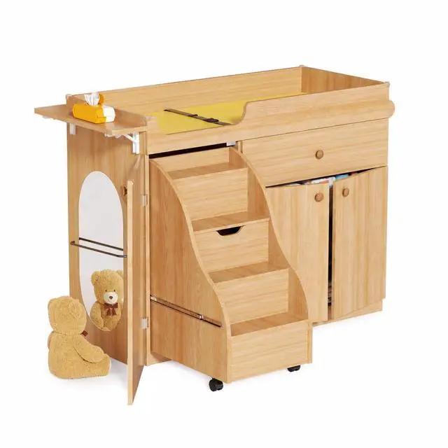 Main image of Changing Table with Stairs, Montessori Diaper Station for Daycare & Home (Left Stairs) | PU Changing Pad, Safety Strap & Handrail, Large Storage, Acrylic Mirror, Foldable Shelves, Paper Roll Holder &