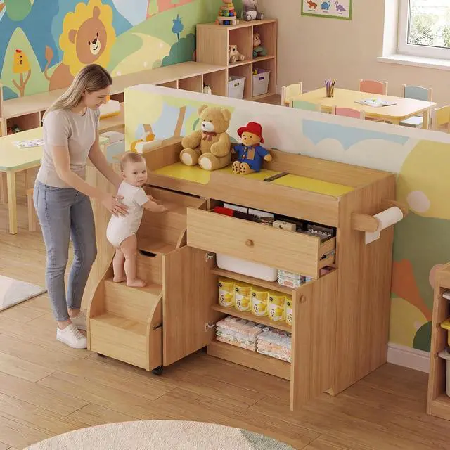 Alt view image 3 of 7 - Changing Table with Stairs, Montessori Diaper Station for Daycare & Home (Left Stairs) | PU Changing Pad, Safety Strap & Handrail, Large Storage, Acrylic Mirror, Foldable Shelves, Paper Roll Holder &