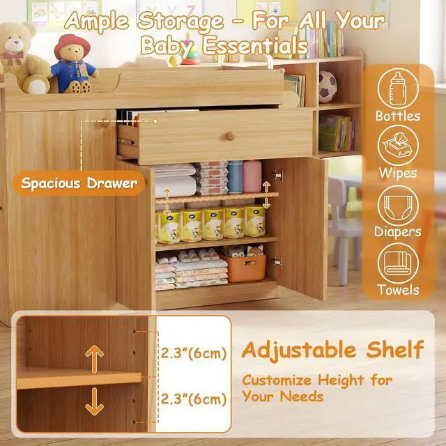 Alt view image 4 of 7 - Changing Table with Stairs, Montessori Diaper Station for Daycare & Home (Left Stairs) | PU Changing Pad, Safety Strap & Handrail, Large Storage, Acrylic Mirror, Foldable Shelves, Paper Roll Holder &