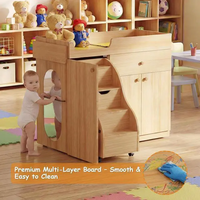 Alt view image 5 of 7 - Changing Table with Stairs, Montessori Diaper Station for Daycare & Home (Left Stairs) | PU Changing Pad, Safety Strap & Handrail, Large Storage, Acrylic Mirror, Foldable Shelves, Paper Roll Holder &