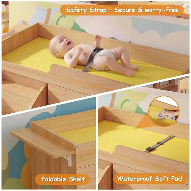 Alt view image 6 of 7 - Changing Table with Stairs, Montessori Diaper Station for Daycare & Home (Left Stairs) | PU Changing Pad, Safety Strap & Handrail, Large Storage, Acrylic Mirror, Foldable Shelves, Paper Roll Holder &