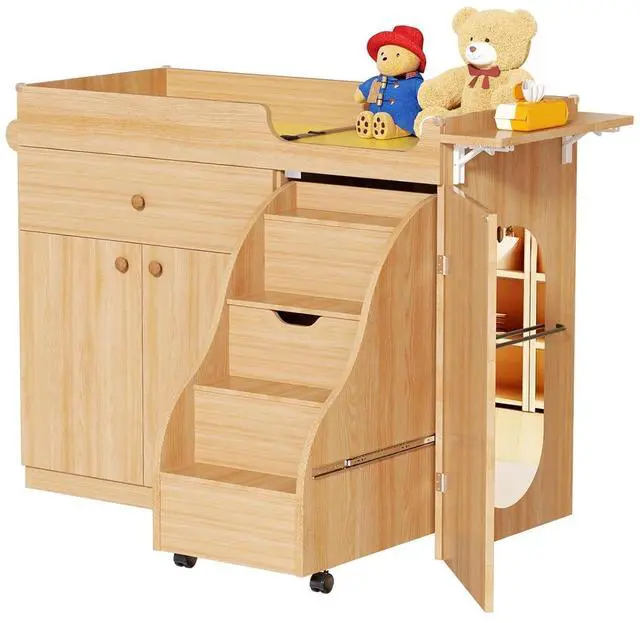 Main image of Changing Table with Stairs, Montessori Diaper Station for Daycare & Home (Right Stairs) | PU Changing Pad, Safety Strap & Handrail, Large Storage, Acrylic Mirror, Foldable Shelves, Paper Roll Holder &