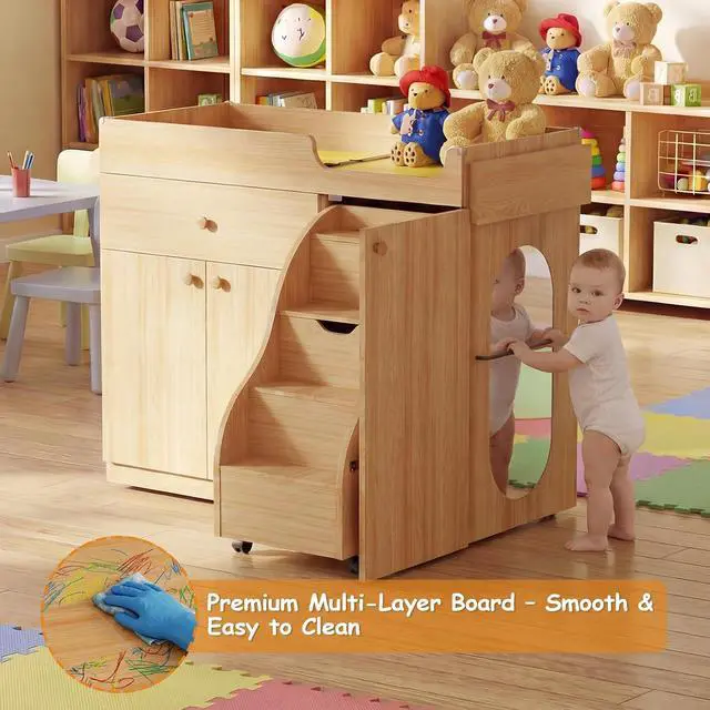 Alt view image 3 of 7 - Changing Table with Stairs, Montessori Diaper Station for Daycare & Home (Right Stairs) | PU Changing Pad, Safety Strap & Handrail, Large Storage, Acrylic Mirror, Foldable Shelves, Paper Roll Holder &