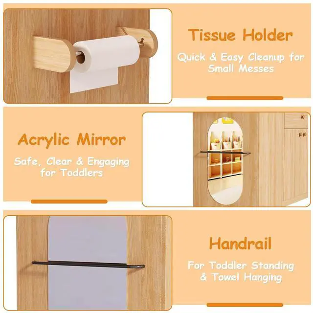 Alt view image 7 of 7 - Changing Table with Stairs, Montessori Diaper Station for Daycare & Home (Left Stairs) | PU Changing Pad, Safety Strap & Handrail, Large Storage, Acrylic Mirror, Foldable Shelves, Paper Roll Holder &
