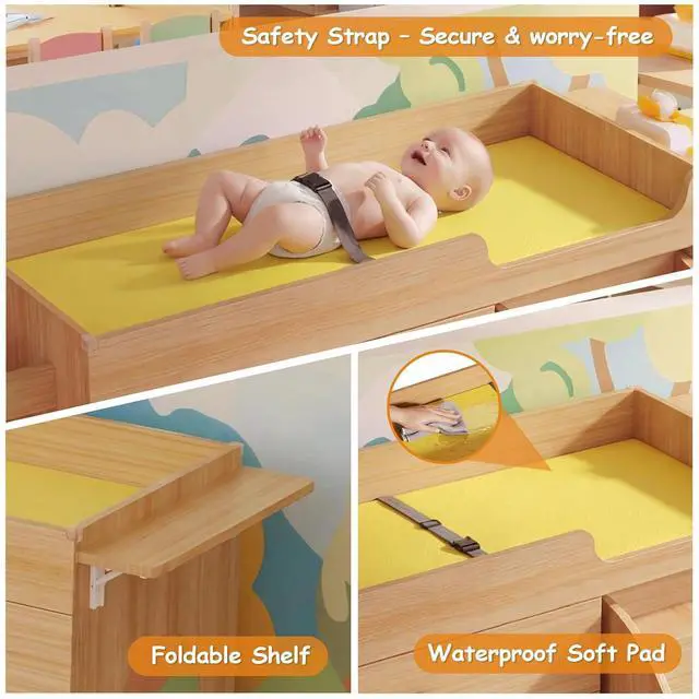 Alt view image 5 of 7 - Changing Table with Stairs, Montessori Diaper Station for Daycare & Home (Right Stairs) | PU Changing Pad, Safety Strap & Handrail, Large Storage, Acrylic Mirror, Foldable Shelves, Paper Roll Holder &