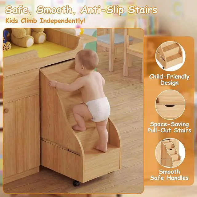 Alt view image 4 of 7 - Changing Table with Stairs, Montessori Diaper Station for Daycare & Home (Right Stairs) | PU Changing Pad, Safety Strap & Handrail, Large Storage, Acrylic Mirror, Foldable Shelves, Paper Roll Holder &