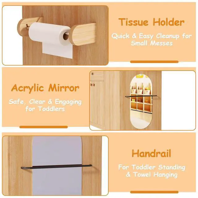 Alt view image 6 of 7 - Changing Table with Stairs, Montessori Diaper Station for Daycare & Home (Right Stairs) | PU Changing Pad, Safety Strap & Handrail, Large Storage, Acrylic Mirror, Foldable Shelves, Paper Roll Holder &