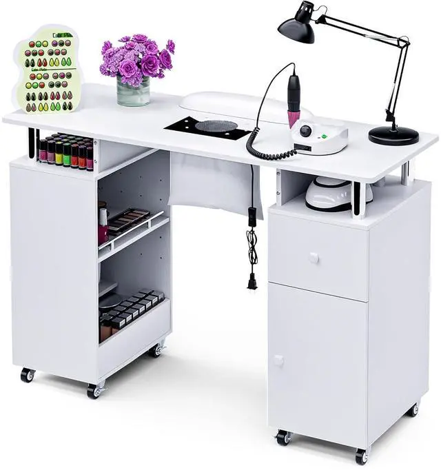 Main image of Manicure Table Nail Desk for Nail Tech, Acetone Resistant Beauty Salon Station with Dust Collector, Wrist Pad, Lockable Wheels, Drawer & Cabinet, White