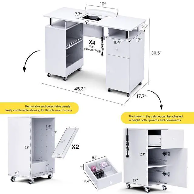 Alt view image 3 of 7 - Manicure Table Nail Desk for Nail Tech, Acetone Resistant Beauty Salon Station with Dust Collector, Wrist Pad, Lockable Wheels, Drawer & Cabinet, White