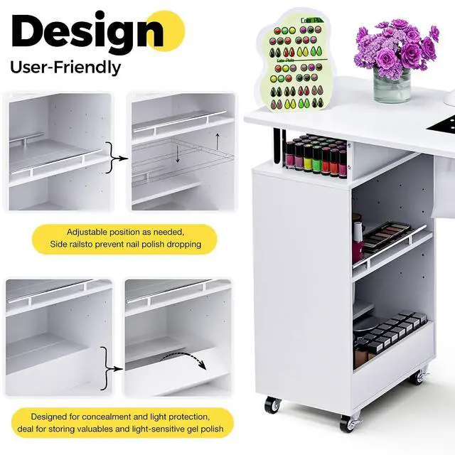 Alt view image 5 of 7 - Manicure Table Nail Desk for Nail Tech, Acetone Resistant Beauty Salon Station with Dust Collector, Wrist Pad, Lockable Wheels, Drawer & Cabinet, White