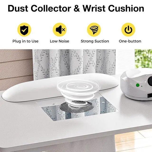 Alt view image 4 of 7 - Manicure Table Nail Desk for Nail Tech, Acetone Resistant Beauty Salon Station with Dust Collector, Wrist Pad, Lockable Wheels, Drawer & Cabinet, White