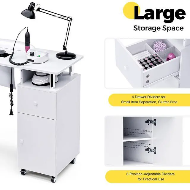 Alt view image 6 of 7 - Manicure Table Nail Desk for Nail Tech, Acetone Resistant Beauty Salon Station with Dust Collector, Wrist Pad, Lockable Wheels, Drawer & Cabinet, White