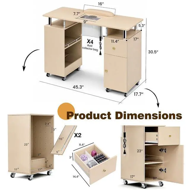 Alt view image 2 of 7 - Manicure Table Nail Desk for Nail Tech, Acetone Resistant Beauty Salon Station with Dust Collector, Wrist Pad, Lockable Wheels, Drawer & Cabinet, Champagne