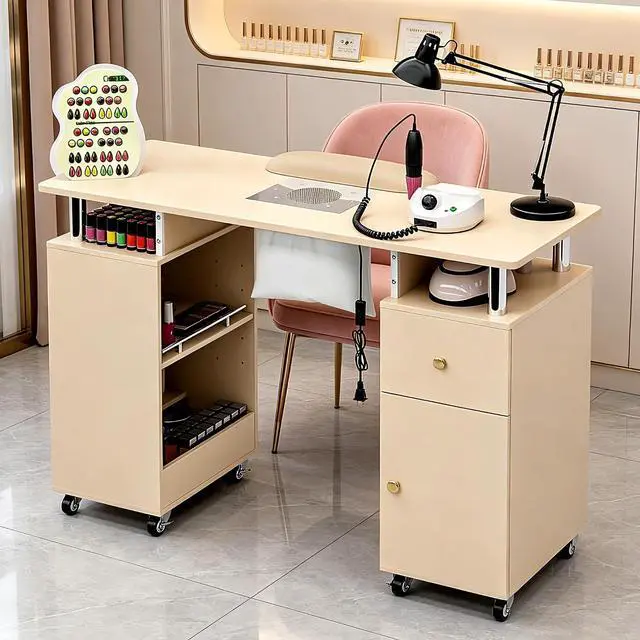 Main image of Manicure Table Nail Desk for Nail Tech, Acetone Resistant Beauty Salon Station with Dust Collector, Wrist Pad, Lockable Wheels, Drawer & Cabinet, Champagne