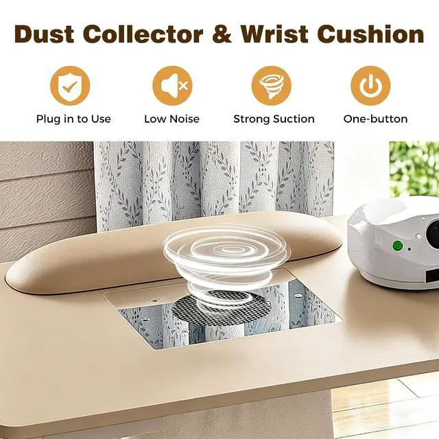 Alt view image 3 of 7 - Manicure Table Nail Desk for Nail Tech, Acetone Resistant Beauty Salon Station with Dust Collector, Wrist Pad, Lockable Wheels, Drawer & Cabinet, Champagne
