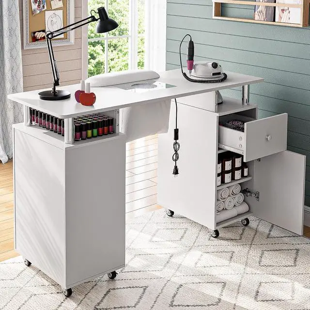 Alt view image 7 of 7 - Manicure Table Nail Desk for Nail Tech, Acetone Resistant Beauty Salon Station with Dust Collector, Wrist Pad, Lockable Wheels, Drawer & Cabinet, White