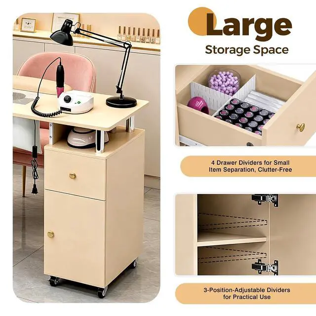 Alt view image 5 of 7 - Manicure Table Nail Desk for Nail Tech, Acetone Resistant Beauty Salon Station with Dust Collector, Wrist Pad, Lockable Wheels, Drawer & Cabinet, Champagne