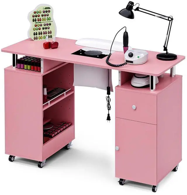 Main image of Manicure Table Nail Desk for Nail Tech, Acetone Resistant Beauty Salon Station with Dust Collector, Wrist Pad, Lockable Wheels, Drawer & Cabinet, Pink