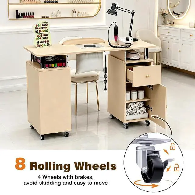 Alt view image 6 of 7 - Manicure Table Nail Desk for Nail Tech, Acetone Resistant Beauty Salon Station with Dust Collector, Wrist Pad, Lockable Wheels, Drawer & Cabinet, Champagne