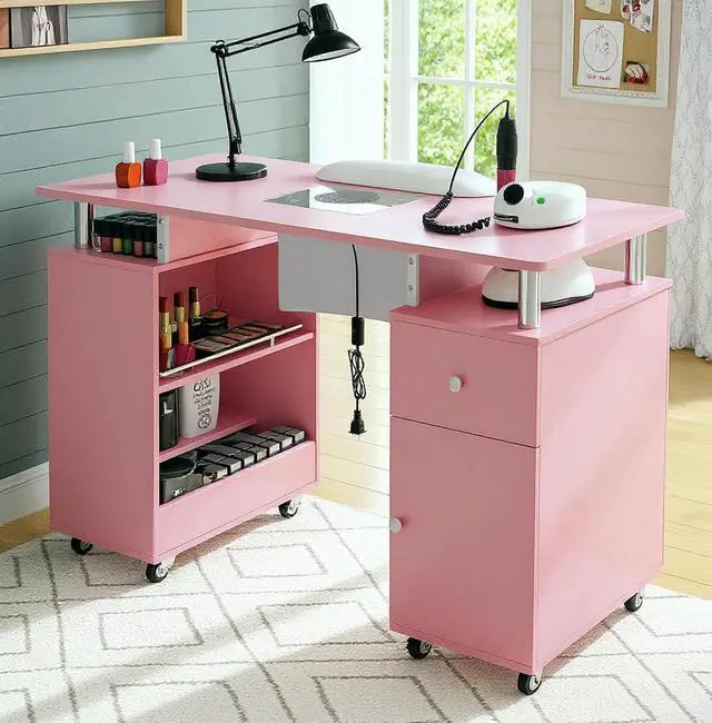 Alt view image 2 of 7 - Manicure Table Nail Desk for Nail Tech, Acetone Resistant Beauty Salon Station with Dust Collector, Wrist Pad, Lockable Wheels, Drawer & Cabinet, Pink