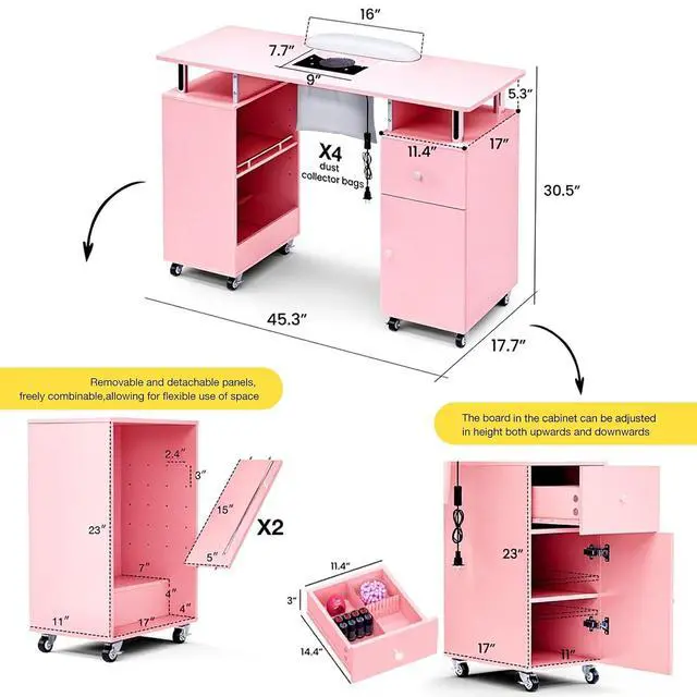 Alt view image 3 of 7 - Manicure Table Nail Desk for Nail Tech, Acetone Resistant Beauty Salon Station with Dust Collector, Wrist Pad, Lockable Wheels, Drawer & Cabinet, Pink