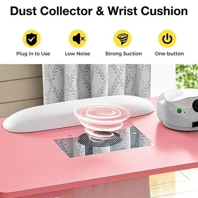 Alt view image 6 of 7 - Manicure Table Nail Desk for Nail Tech with Dust Collector & Wrist Rest, Acetone Resistant Beauty Salon Station with Lockable Wheels, Pink