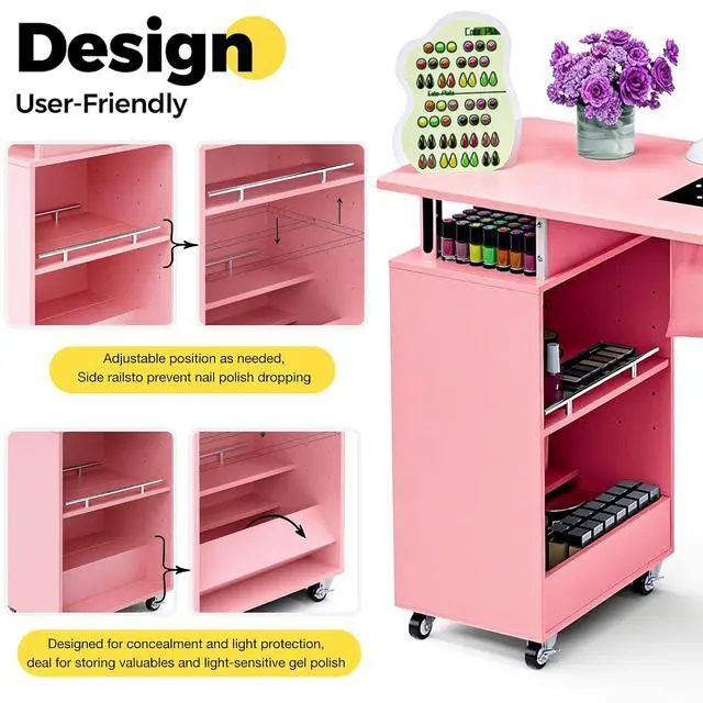 Alt view image 3 of 7 - Manicure Table Nail Desk for Nail Tech with Dust Collector & Wrist Rest, Acetone Resistant Beauty Salon Station with Lockable Wheels, Pink