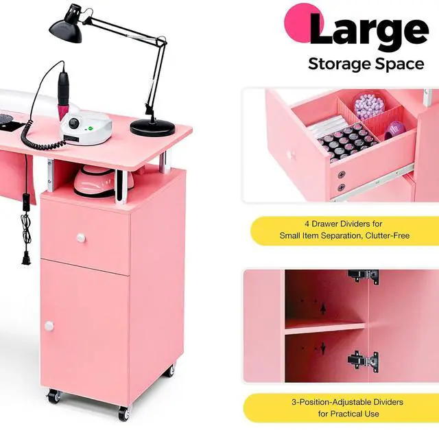 Alt view image 4 of 7 - Manicure Table Nail Desk for Nail Tech with Dust Collector & Wrist Rest, Acetone Resistant Beauty Salon Station with Lockable Wheels, Pink