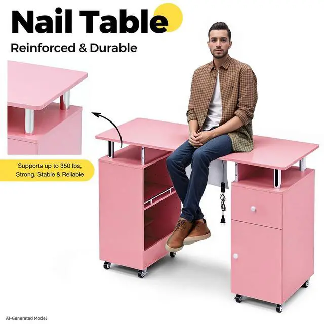 Alt view image 7 of 7 - Manicure Table Nail Desk for Nail Tech, Acetone Resistant Beauty Salon Station with Dust Collector, Wrist Pad, Lockable Wheels, Drawer & Cabinet, Pink