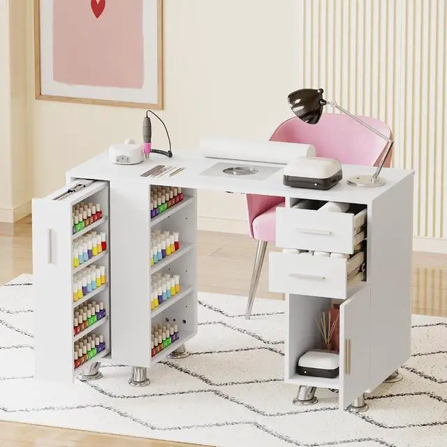 Alt view image 2 of 7 - Manicure Table, Nail Desk w/Dust Collector & Wrist Rest, Nail Salon Station Acetone Resistant Workstation w/Drawers, Cabinet, White Leather Pad with Diamonds