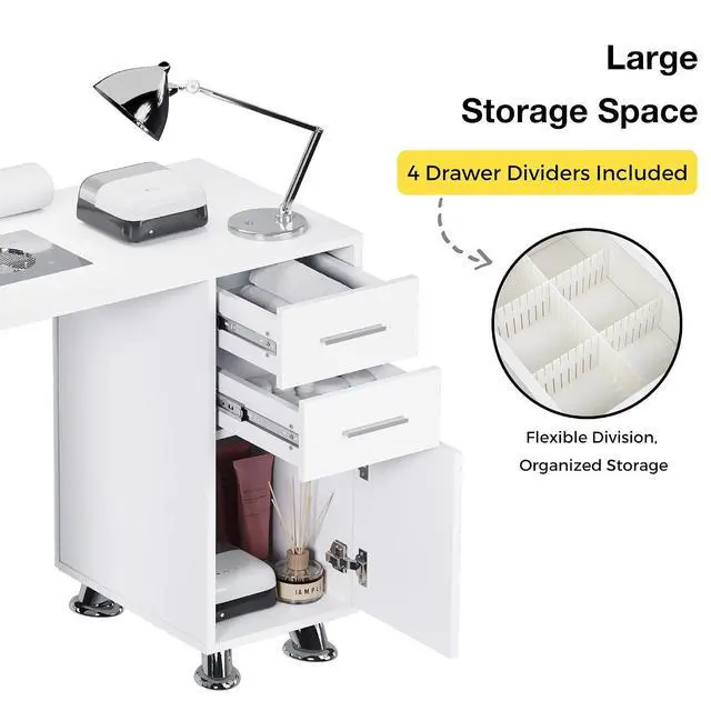 Alt view image 4 of 7 - Manicure Table, Nail Desk w/Dust Collector & Wrist Rest, Nail Salon Station Acetone Resistant Workstation w/Drawers, Cabinet, White Leather Pad with Diamonds