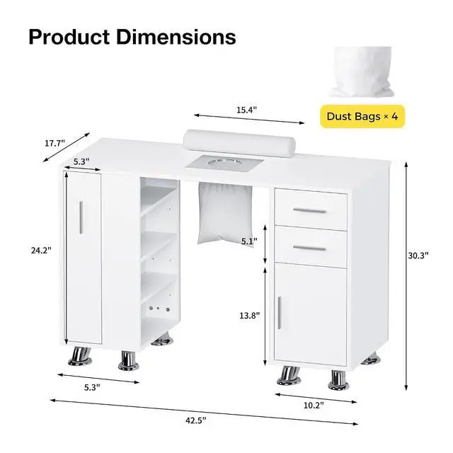 Alt view image 7 of 7 - Manicure Table, Nail Desk w/Dust Collector & Wrist Rest, Nail Salon Station Acetone Resistant Workstation w/Drawers, Cabinet, White Leather Pad with Diamonds