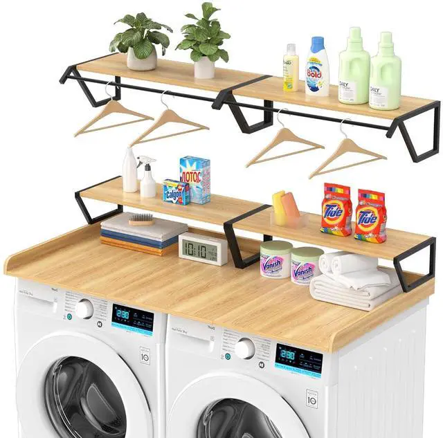 Main image of Set Washer Dryer Countertop with Hanging Rod, Laundry Countertop with Wall Shelf for Laundry Room Organization, Washer Dryer Topper with Anti-Slip Pads and Raised Edges Oak
