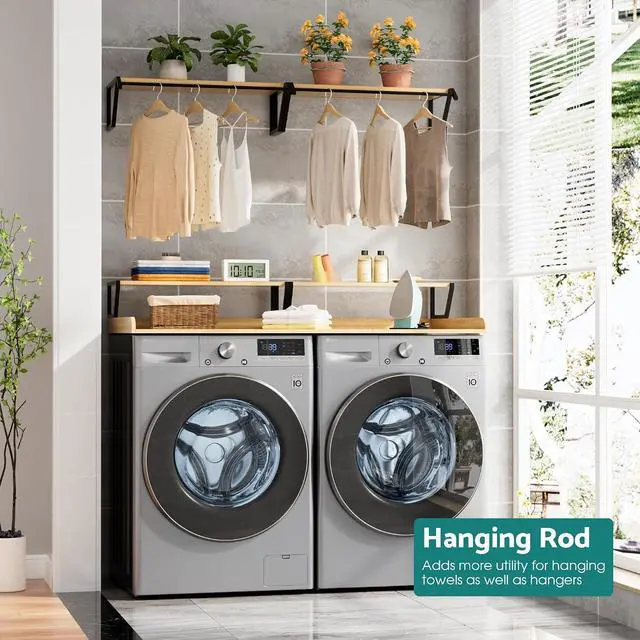 Alt view image 2 of 7 - Set Washer Dryer Countertop with Hanging Rod, Laundry Countertop with Wall Shelf for Laundry Room Organization, Washer Dryer Topper with Anti-Slip Pads and Raised Edges Oak