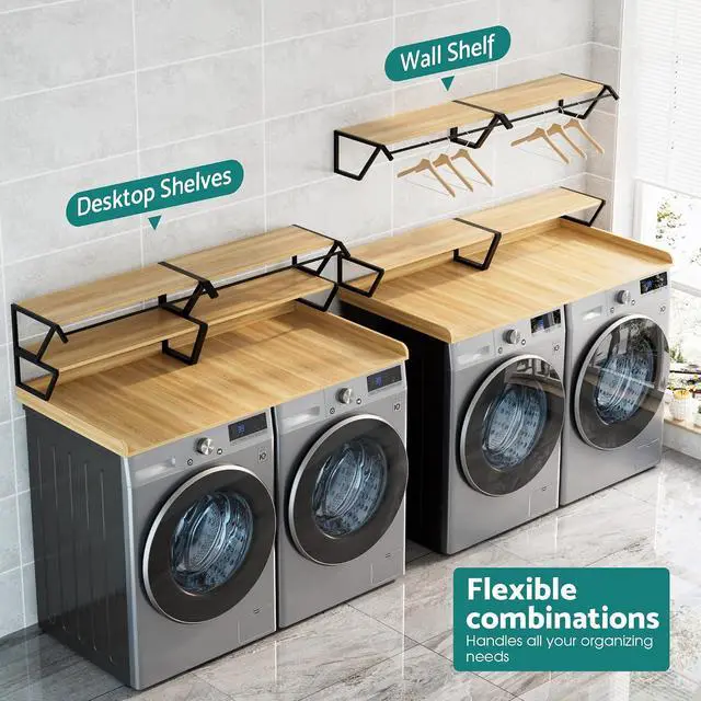 Alt view image 4 of 7 - Set Washer Dryer Countertop with Hanging Rod, Laundry Countertop with Wall Shelf for Laundry Room Organization, Washer Dryer Topper with Anti-Slip Pads and Raised Edges Oak