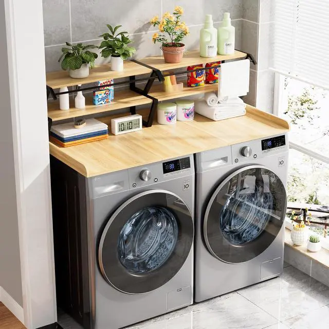 Alt view image 5 of 7 - Set Washer Dryer Countertop with Hanging Rod, Laundry Countertop with Wall Shelf for Laundry Room Organization, Washer Dryer Topper with Anti-Slip Pads and Raised Edges Oak