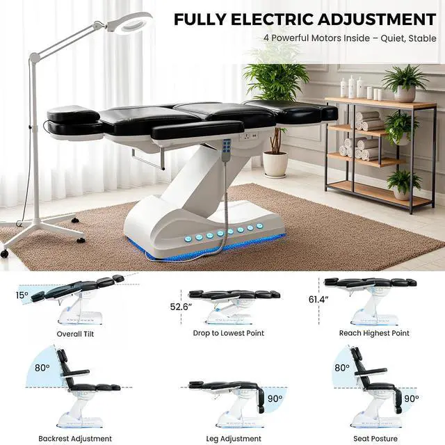 Alt view image 3 of 7 - 4-Motor Electric Massage Table with Built-in Charging Station, Dual Remote Control, Professional Spa Bed, Facial Chair for Esthetician, Salon & Medical, Adjustable Height & Angle, Rolling Base (Black)