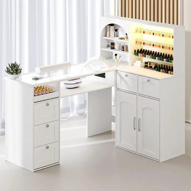 Alt view image 2 of 7 - Manicure Table Nail Tech Desk w/LED Display Shelf, L-Shaped Glass Top Nail Station w/USB Ports, Cabinet, Drawer, Wrist Rest, for Professional Salon Manicure Workstation (White)