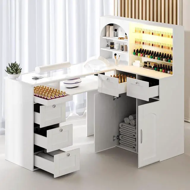 Main image of Manicure Table Nail Tech Desk w/LED Display Shelf, L-Shaped Glass Top Nail Station w/USB Ports, Cabinet, Drawer, Wrist Rest, for Professional Salon Manicure Workstation (White)