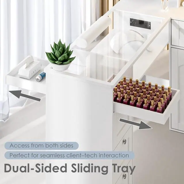 Alt view image 4 of 7 - Manicure Table Nail Tech Desk w/LED Display Shelf, L-Shaped Glass Top Nail Station w/USB Ports, Cabinet, Drawer, Wrist Rest, for Professional Salon Manicure Workstation (White)